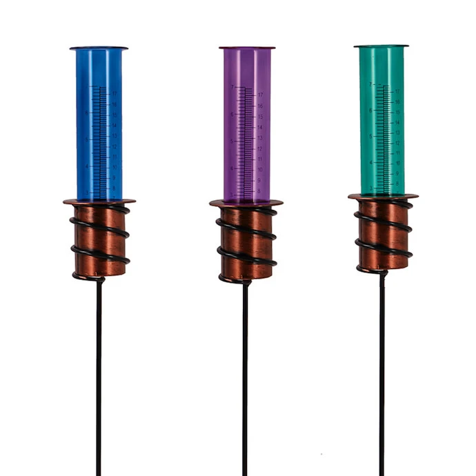 Rain Gauge/Garden Stake ColoredTube W/Spiral Base Glass/Metal 28"H (#7C) 3 Rain Gauge/Garden Stake ColoredTube W/Spiral Base Glass/Metal 28"H (#7C)