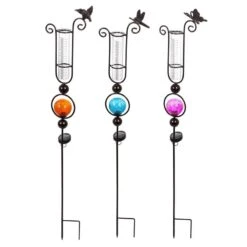 Rain Gauge Stake Bug/Bird Color Globe Teal/Orange/Yellow Solar Asst 44"H(#7)